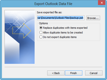 choose browse location to save pst