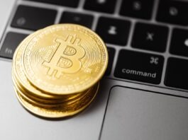 The Fine Art of Bitcoin Trading Success! Stacks Gold Round Coins on Laptop