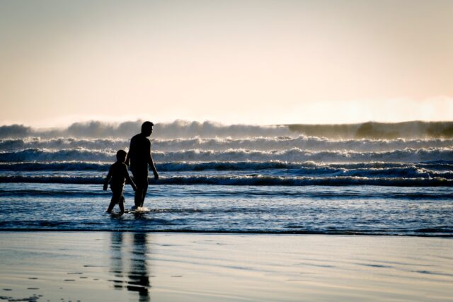 silhouette of a man and a boy on the seashore