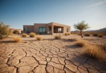 Las Vegas’s Hard Water Challenge: Statistics and Solutions A desert landscape with a modern house. A cracked and dry ground surrounds the house, while a plumbing system is shown being affected by extreme heat and dry conditions