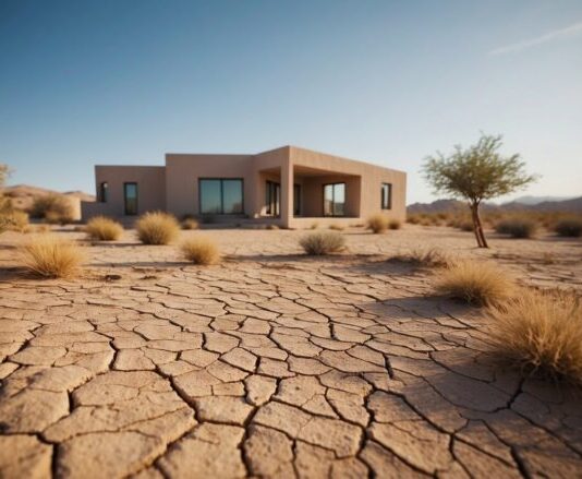 Las Vegas’s Hard Water Challenge: Statistics and Solutions A desert landscape with a modern house. A cracked and dry ground surrounds the house, while a plumbing system is shown being affected by extreme heat and dry conditions