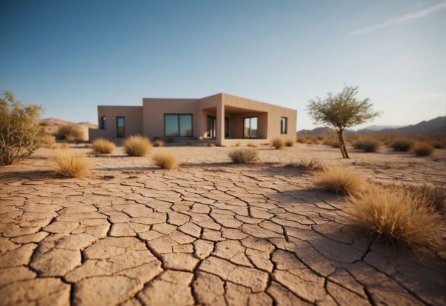 A desert landscape with a modern house. A cracked and dry ground surrounds the house, while a plumbing system is shown being affected by extreme heat and dry conditions
