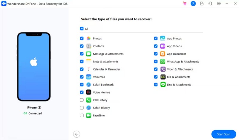 pick the data type and scan button
